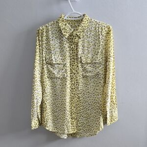 Yellow Animal Print Equipment Femme 100% Silk Button Down Shirt Size Small
